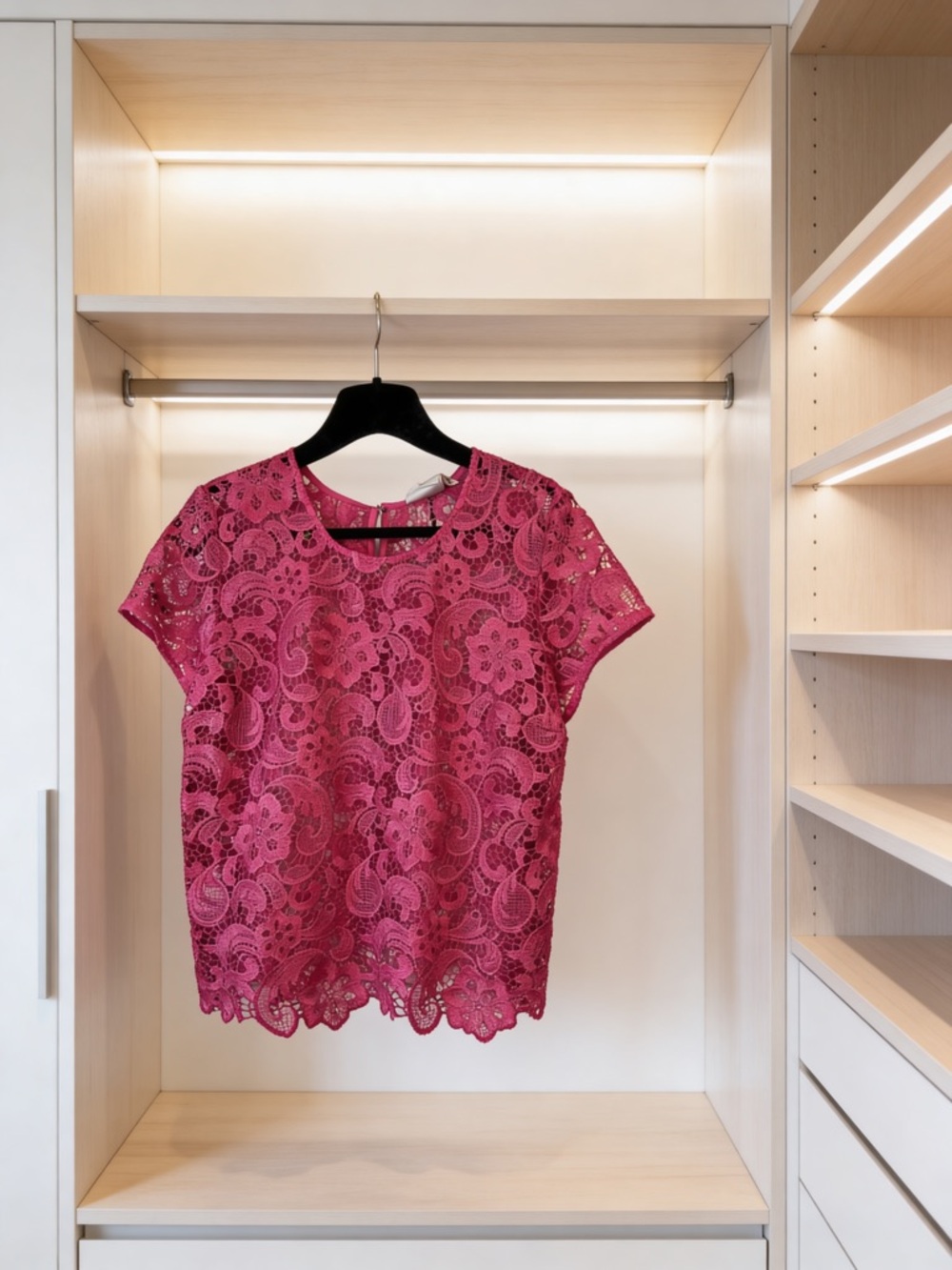 Bisou Bisou Fuchsia Lace Short-Sleeve Blouse